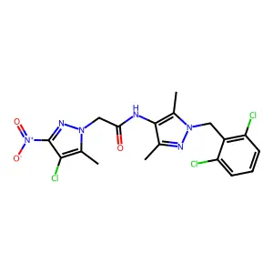 2-(4-chloro-5-methyl-3-nitro-1H-pyrazol-1-yl)-N-[1-(2,6-dichlorobenzyl)-3,5-dimethyl-1H-pyrazol-4-yl]acetamide structure