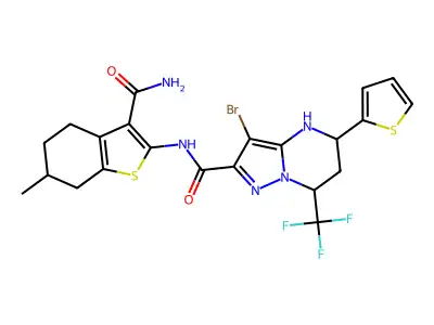 N-[3-(aminocarbonyl)-6-methyl-4,5,6,7-tetrahydro-1-benzothien-2-yl]-3-bromo-5-(2-thienyl)-7-(trifluoromethyl)-4,5,6,7-tetrahydropyrazolo[1,5-a]pyrimidine-2-carboxamide structure
