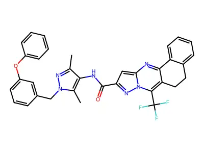 N-[3,5-dimethyl-1-(3-phenoxybenzyl)-1H-pyrazol-4-yl]-7-(trifluoromethyl)-5,6-dihydrobenzo[h]pyrazolo[5,1-b]quinazoline-10-carboxamide structure
