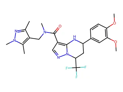 5-(3,4-dimethoxyphenyl)-N-methyl-7-(trifluoromethyl)-N-[(1,3,5-trimethyl-1H-pyrazol-4-yl)methyl]-4,5,6,7-tetrahydropyrazolo[1,5-a]pyrimidine-3-carboxamide structure