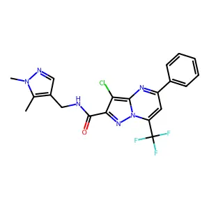 3-chloro-N-[(1,5-dimethyl-1H-pyrazol-4-yl)methyl]-5-phenyl-7-(trifluoromethyl)pyrazolo[1,5-a]pyrimidine-2-carboxamide structure