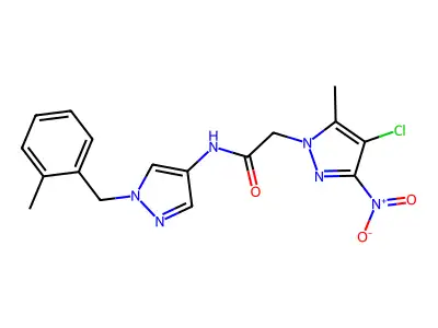 2-(4-chloro-5-methyl-3-nitropyrazol-1-yl)-N-[1-[(2-methylphenyl)methyl]pyrazol-4-yl]acetamide structure