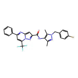 N-[1-[(4-bromophenyl)methyl]-3,5-dimethylpyrazol-4-yl]-5-phenyl-7-(trifluoromethyl)pyrazolo[1,5-a]pyrimidine-2-carboxamide structure