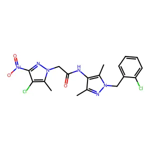 2-(4-chloro-5-methyl-3-nitropyrazol-1-yl)-N-[1-[(2-chlorophenyl)methyl]-3,5-dimethylpyrazol-4-yl]acetamide structure