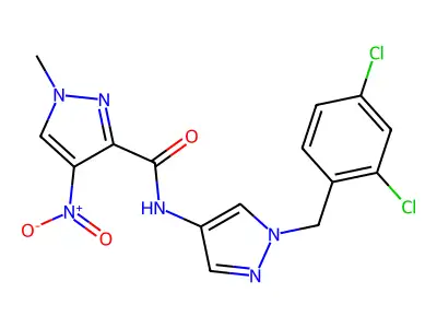 N-[1-(2,4-dichlorobenzyl)-1H-pyrazol-4-yl]-1-methyl-4-nitro-1H-pyrazole-3-carboxamide structure