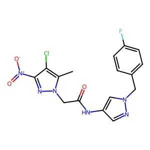 2-(4-chloro-5-methyl-3-nitropyrazol-1-yl)-N-[1-[(4-fluorophenyl)methyl]pyrazol-4-yl]acetamide structure