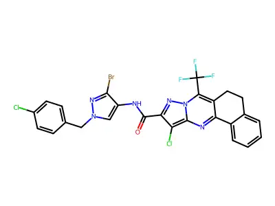 N-[3-bromo-1-(4-chlorobenzyl)-1H-pyrazol-4-yl]-11-chloro-7-(trifluoromethyl)-5,6-dihydrobenzo[h]pyrazolo[5,1-b]quinazoline-10-carboxamide structure