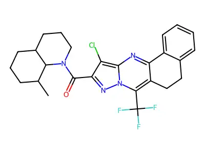 (11-chloro-7-(trifluoromethyl)-5,6-dihydrobenzo[h]pyrazolo[5,1-b]quinazolin-10-yl)(8-methyloctahydroquinolin-1(2H)-yl)methanone structure