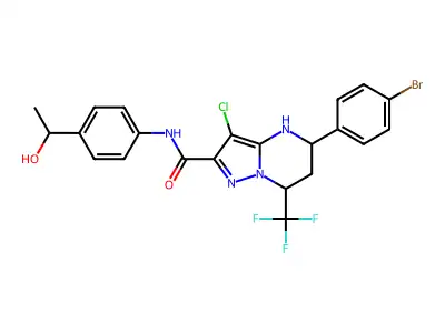 5-(4-bromophenyl)-3-chloro-N-[4-(1-hydroxyethyl)phenyl]-7-(trifluoromethyl)-4,5,6,7-tetrahydropyrazolo[1,5-a]pyrimidine-2-carboxamide structure
