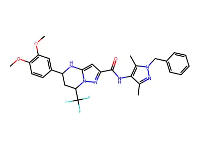 N-(1-benzyl-3,5-dimethyl-1H-pyrazol-4-yl)-5-(3,4-dimethoxyphenyl)-7-(trifluoromethyl)-4,5,6,7-tetrahydropyrazolo[1,5-a]pyrimidine-2-carboxamide structure