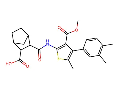 2-[[4-(3,4-dimethylphenyl)-3-methoxycarbonyl-5-methylthiophen-2-yl]carbamoyl]bicyclo[2.2.1]heptane-3-carboxylic acid structure