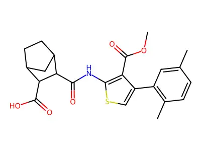 3-({[4-(2,5-dimethylphenyl)-3-(methoxycarbonyl)-2-thienyl]amino}carbonyl)bicyclo[2.2.1]heptane-2-carboxylic acid structure