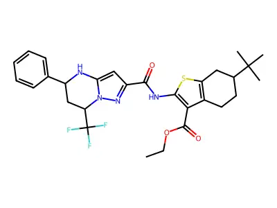 ethyl 6-tert-butyl-2-({[5-phenyl-7-(trifluoromethyl)-4,5,6,7-tetrahydropyrazolo[1,5-a]pyrimidin-2-yl]carbonyl}amino)-4,5,6,7-tetrahydro-1-benzothiophene-3-carboxylate structure