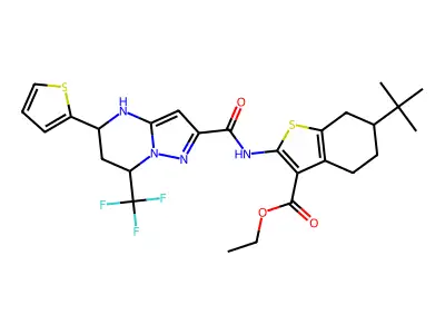 ethyl 6-tert-butyl-2-({[5-(2-thienyl)-7-(trifluoromethyl)-4,5,6,7-tetrahydropyrazolo[1,5-a]pyrimidin-2-yl]carbonyl}amino)-4,5,6,7-tetrahydro-1-benzothiophene-3-carboxylate structure