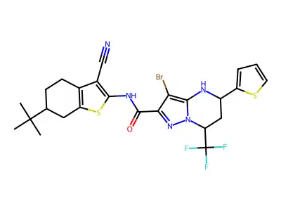 3-bromo-N-(6-tert-butyl-3-cyano-4,5,6,7-tetrahydro-1-benzothien-2-yl)-5-(2-thienyl)-7-(trifluoromethyl)-4,5,6,7-tetrahydropyrazolo[1,5-a]pyrimidine-2-carboxamide structure