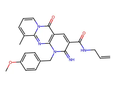 {2-imino-1-[(4-methoxyphenyl)methyl]-10-methyl-5-oxo(1,6-dihydropyridino[2,3-d]pyridino[1,2-a]pyrimidin-3-yl)}-N-prop-2-enylcarboxamide structure
