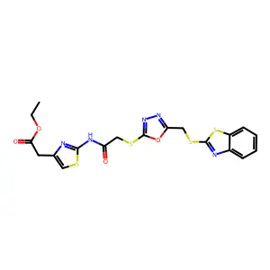 ethyl (2-{[({5-[(1,3-benzothiazol-2-ylsulfanyl)methyl]-1,3,4-oxadiazol-2-yl}sulfanyl)acetyl]amino}-1,3-thiazol-4-yl)acetate structure