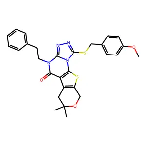 1-((4-methoxybenzyl)thio)-7,7-dimethyl-4-phenethyl-6,7-dihydro-4H-pyrano[4',3':4,5]thieno[3,2-e][1,2,4]triazolo[4,3-a]pyrimidin-5(9H)-one structure