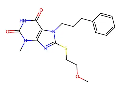 8-((2-methoxyethyl)thio)-3-methyl-7-(3-phenylpropyl)-1H-purine-2,6(3H,7H)-dione structure