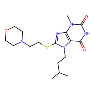 7-isopentyl-3-methyl-8-((2-morpholinoethyl)thio)-1H-purine-2,6(3H,7H)-dione structure