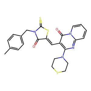 3-{(Z)-[3-(4-methylbenzyl)-4-oxo-2-thioxo-1,3-thiazolidin-5-ylidene]methyl}-2-(thiomorpholin-4-yl)-4H-pyrido[1,2-a]pyrimidin-4-one structure