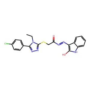 2-{[5-(4-chlorophenyl)-4-ethyl-4H-1,2,4-triazol-3-yl]sulfanyl}-N'-[(3E)-2-oxo-1,2-dihydro-3H-indol-3-ylidene]acetohydrazide structure