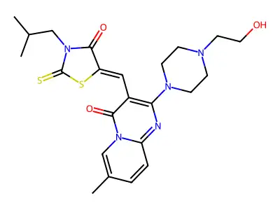 2-[4-(2-hydroxyethyl)piperazin-1-yl]-7-methyl-3-{(Z)-[3-(2-methylpropyl)-4-oxo-2-thioxo-1,3-thiazolidin-5-ylidene]methyl}-4H-pyrido[1,2-a]pyrimidin-4-one structure