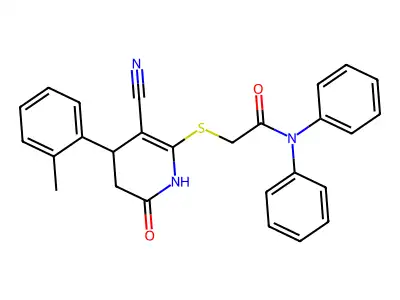 2-((3-cyano-6-oxo-4-(o-tolyl)-1,4,5,6-tetrahydropyridin-2-yl)thio)-N,N-diphenylacetamide structure