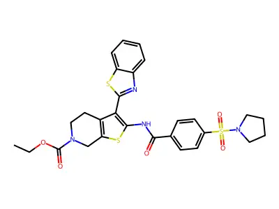 ethyl 3-(benzo[d]thiazol-2-yl)-2-(4-(pyrrolidin-1-ylsulfonyl)benzamido)-4,5-dihydrothieno[2,3-c]pyridine-6(7H)-carboxylate structure