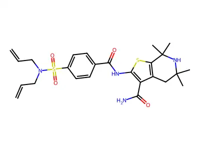 2-{4-[bis(prop-2-en-1-yl)sulfamoyl]benzamido}-5,5,7,7-tetramethyl-4H,5H,6H,7H-thieno[2,3-c]pyridine-3-carboxamide structure
