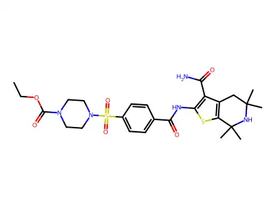ethyl 4-[4-({3-carbamoyl-5,5,7,7-tetramethyl-4H,5H,6H,7H-thieno[2,3-c]pyridin-2-yl}carbamoyl)benzenesulfonyl]piperazine-1-carboxylate structure