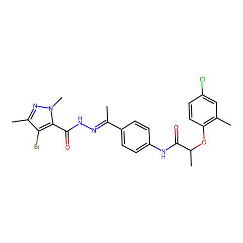 N-(4-{N-[(4-bromo-1,3-dimethyl-1H-pyrazol-5-yl)carbonyl]ethanehydrazonoyl}phenyl)-2-(4-chloro-2-methylphenoxy)propanamide structure