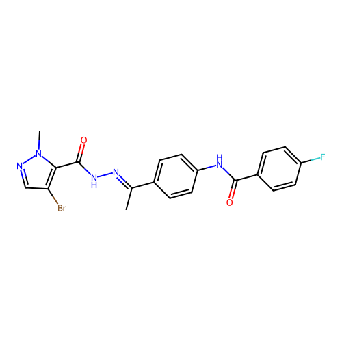 N-(4-{N-[(4-bromo-1-methyl-1H-pyrazol-5-yl)carbonyl]ethanehydrazonoyl}phenyl)-4-fluorobenzamide structure