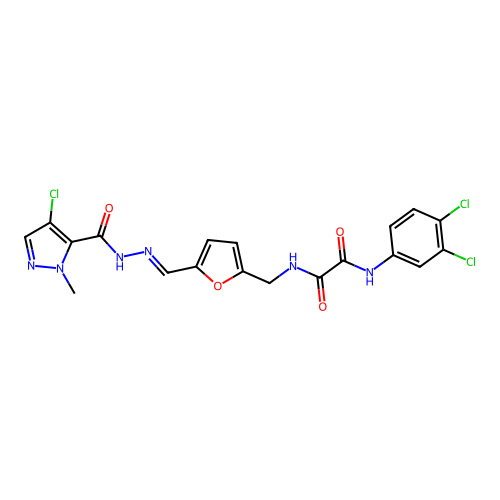 N-[[5-[(E)-[(4-chloro-2-methylpyrazole-3-carbonyl)hydrazinylidene]methyl]furan-2-yl]methyl]-N'-(3,4-dichlorophenyl)oxamide structure