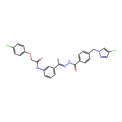 2-(4-chlorophenoxy)-N-[3-(N-{4-[(4-chloro-1H-pyrazol-1-yl)methyl]benzoyl}ethanehydrazonoyl)phenyl]acetamide structure