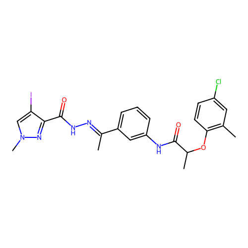 2-(4-chloro-2-methylphenoxy)-N-(3-{N-[(4-iodo-1-methyl-1H-pyrazol-3-yl)carbonyl]ethanehydrazonoyl}phenyl)propanamide structure