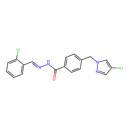 N-[(E)-(2-chlorophenyl)methylideneamino]-4-[(4-chloropyrazol-1-yl)methyl]benzamide structure