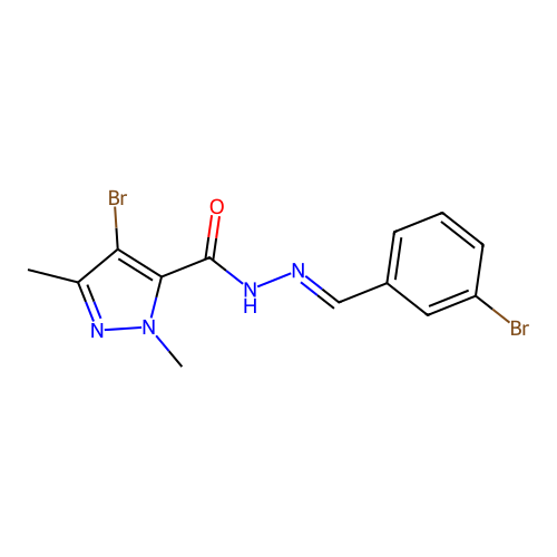 4-bromo-N-[(E)-(3-bromophenyl)methylideneamino]-2,5-dimethylpyrazole-3-carboxamide structure