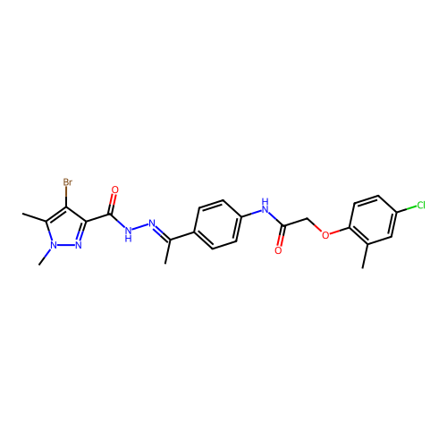 4-bromo-N-[(E)-1-[4-[[2-(4-chloro-2-methylphenoxy)acetyl]amino]phenyl]ethylideneamino]-1,5-dimethylpyrazole-3-carboxamide structure