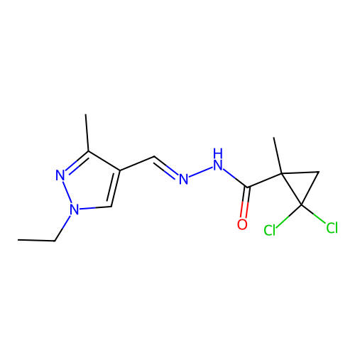 2,2-dichloro-N'-[(E)-(1-ethyl-3-methyl-1H-pyrazol-4-yl)methylidene]-1-methylcyclopropanecarbohydrazide structure