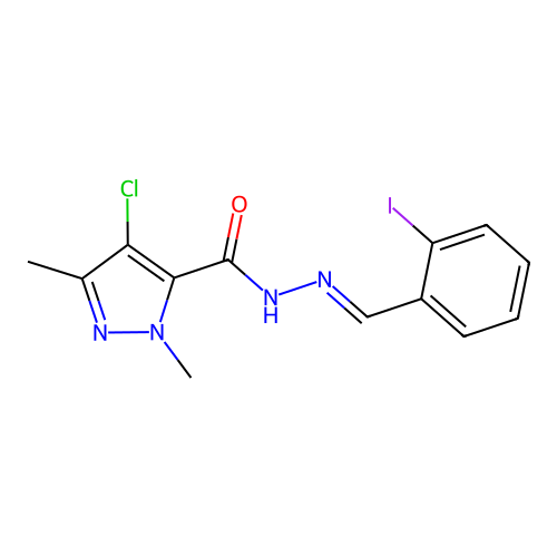 4-chloro-N-[(E)-(2-iodophenyl)methylideneamino]-2,5-dimethylpyrazole-3-carboxamide structure