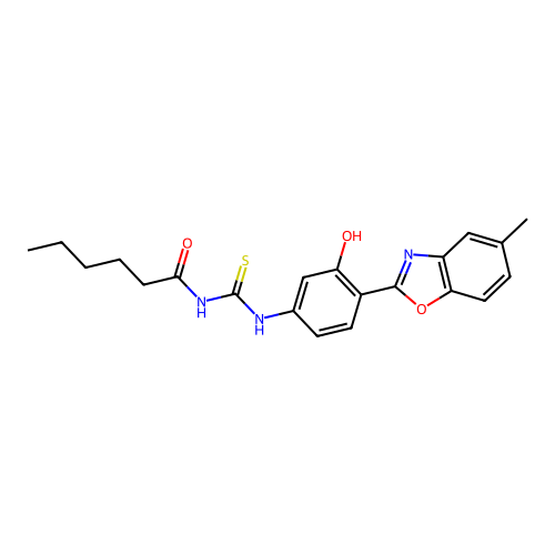 N-{[3-hydroxy-4-(5-methyl-1,3-benzoxazol-2-yl)phenyl]carbamothioyl}hexanamide structure