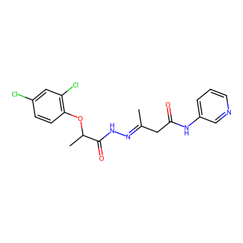 (3E)-3-{2-[2-(2,4-dichlorophenoxy)propanoyl]hydrazinylidene}-N-(pyridin-3-yl)butanamide structure