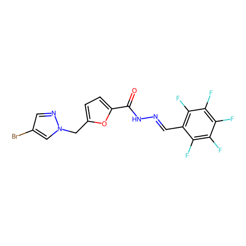 5-[(4-bromo-1H-pyrazol-1-yl)methyl]-N'-(2,3,4,5,6-pentafluorobenzylidene)-2-furohydrazide structure