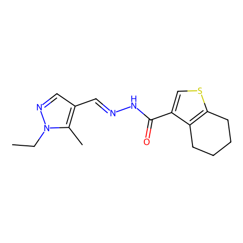 N'-[(1-ethyl-5-methyl-1H-pyrazol-4-yl)methylene]-4,5,6,7-tetrahydro-1-benzothiophene-3-carbohydrazide structure