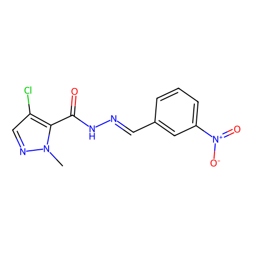 4-chloro-2-methyl-N-[(E)-(3-nitrophenyl)methylideneamino]pyrazole-3-carboxamide structure