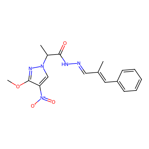 2-{4-nitro-3-methoxy-1H-pyrazol-1-yl}-N'-(2-methyl-3-phenyl-2-propenylidene)propanohydrazide structure