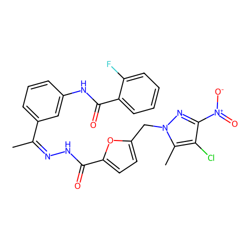 5-[(4-chloro-5-methyl-3-nitropyrazol-1-yl)methyl]-N-[(Z)-1-[3-[(2-fluorobenzoyl)amino]phenyl]ethylideneamino]furan-2-carboxamide structure