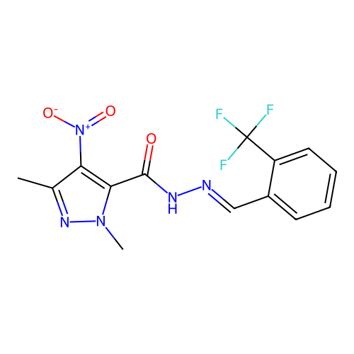 2,5-dimethyl-4-nitro-N-[(E)-[2-(trifluoromethyl)phenyl]methylideneamino]pyrazole-3-carboxamide structure