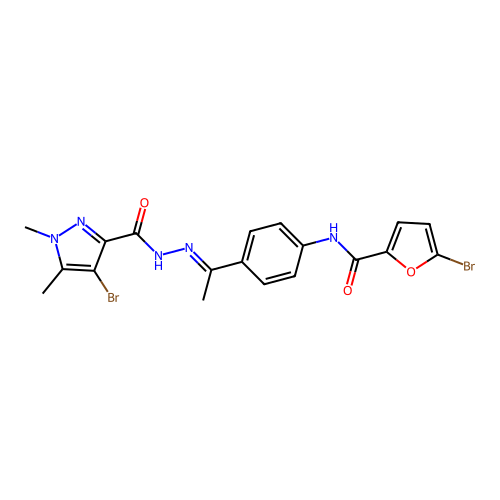 4-bromo-N-[(E)-1-[4-[(5-bromofuran-2-carbonyl)amino]phenyl]ethylideneamino]-1,5-dimethylpyrazole-3-carboxamide structure